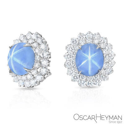 Oscar Heyman 白金耳钉 星光蓝宝石 钻石 32ctw Star Sapphire and 6.6ctw Round Diamonds earrings