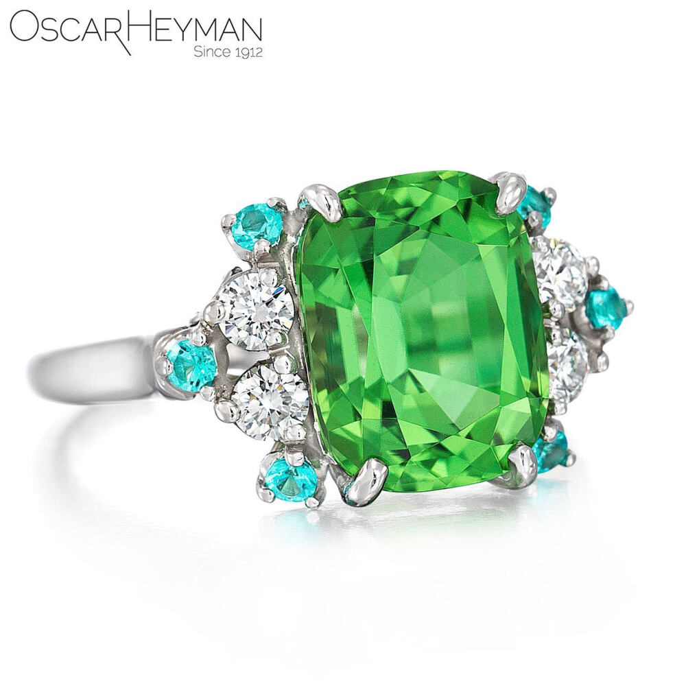 Oscar Heyman 白金戒指 铬碧玺 帕拉依巴碧玺 钻石 4.32ct Cushion Chrome Tourmaline surrounded by diamonds and paraibas