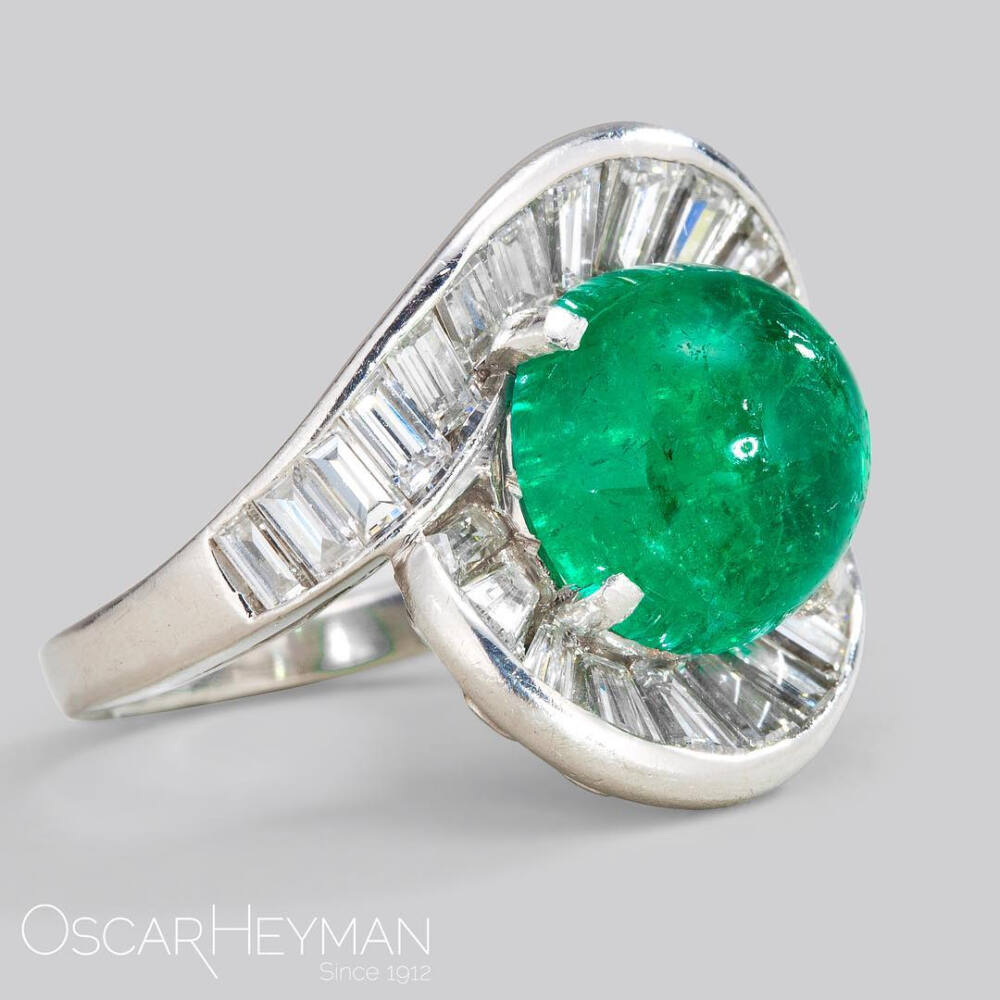 Oscar Heyman 白金戒指 弧面祖母绿 钻石 Cabochon Emerald Ballerina Ring