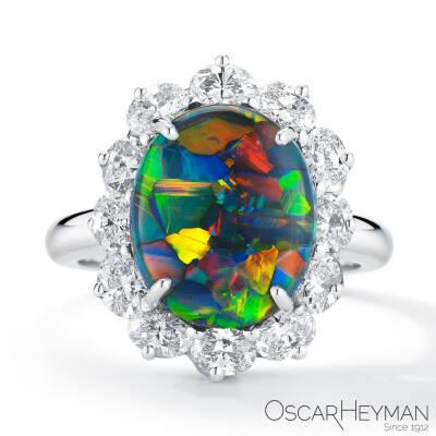 Oscar Heyman 白金戒指 小丑彩黑欧泊 钻石 Harlequin Black Opal Ring