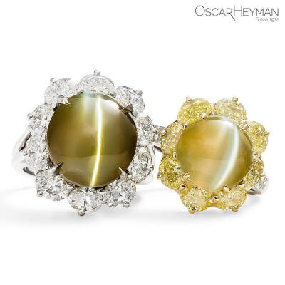 Oscar Heyman 白金戒指 猫眼金绿石 钻石 黄钻 Cat's-Eye Chrysoberyl 蜂蜜色