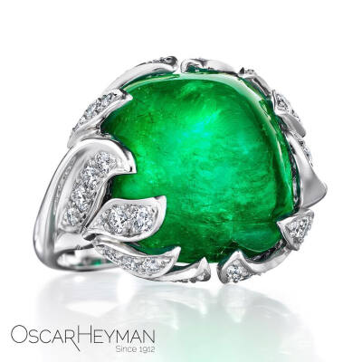 Oscar Heyman 白金戒指 祖母绿 钻石 15ct Cab Colombian Emerald 弧面