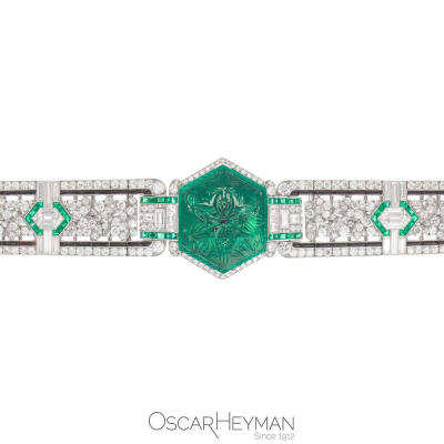 Oscar Heyman 白金手链 祖母绿 钻石 黑色珐琅 Art Deco bracelet 装饰艺术风格