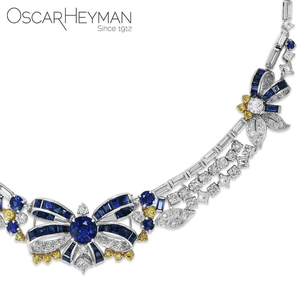 Oscar Heyman 白金项链 蓝宝石 钻石 黄钻 Shine in this gold sapphire fancy yellow diamond necklace 蝴蝶结