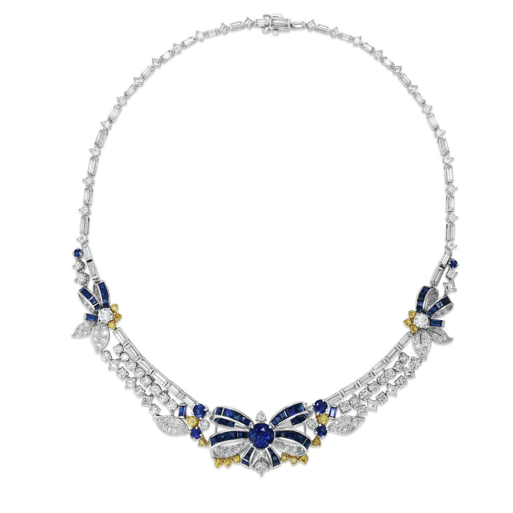 Oscar Heyman 白金项链 蓝宝石 钻石 黄钻 Shine in this gold sapphire fancy yellow diamond necklace 蝴蝶结