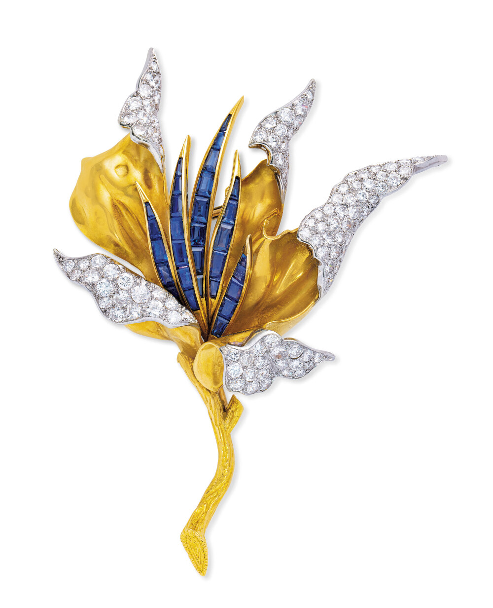 Chaumet 尚美 蓝宝石胸针 by Sterlé for Chaumet 1972年 镶嵌圆形切割钻石，弧面切割蓝宝石，铂金和黄金底托，8.0厘米。成交价5.25万瑞郎