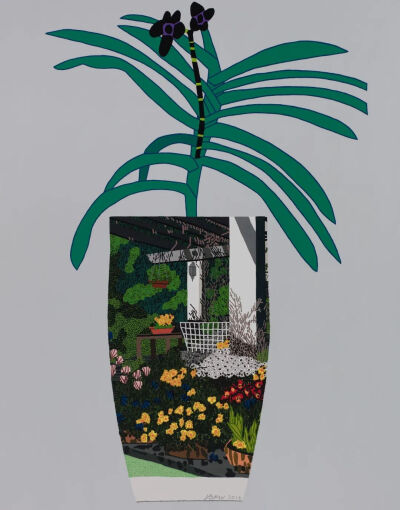 Jonas Wood《Green Garden Landscape Pot》，布面油画、丙烯，299.7×236.2×4.4cm，2016年 