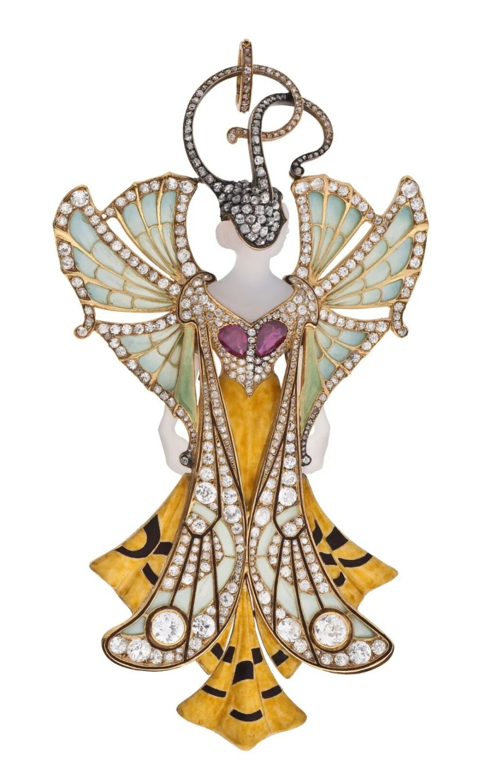 新艺术时期法国珠宝设计师亨利·维佛出品经典仙女胸针“Sylvia”就运用了空窗珐琅、玛瑙、红宝石和钻石打造，曾是1900年巴黎世博会的知名作品/巴黎装饰艺术博物馆藏