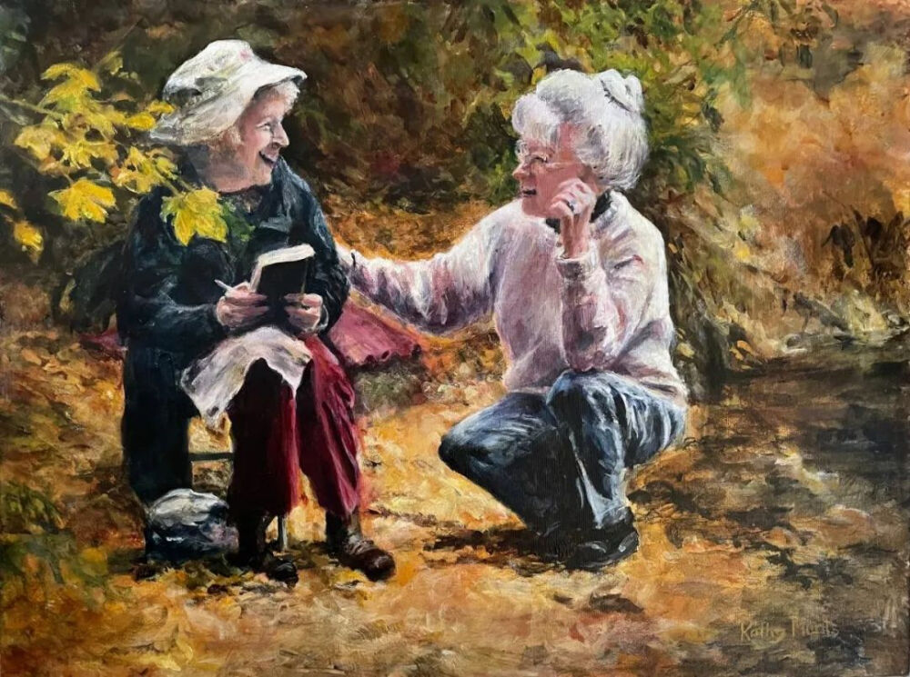 Kathy Munts《艺术与友谊的喜悦》（The Joy of Art and Friendship），布面丙烯，45.7×60.9cm，于2022年展出于“老龄化、艺术与现代老人”展览
