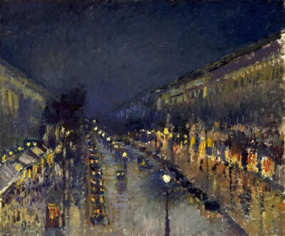 卡米耶·毕沙罗（Camille Pissarro）《夜晚的蒙特马大街》（The Boulevard Montmartre at Night），布面油画，64.8×53.3cm，1897年