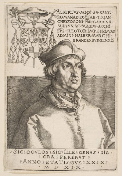 阿尔布雷特·丢勒《Cardinal Albrecht of Brandenburg》，木版画，15.2×10.2cm，1519年