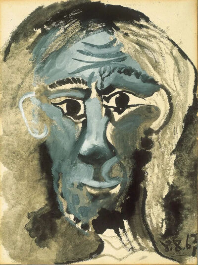 巴勃罗·毕加索，《自画像》，1967
Pablo Picasso, Tête d'Homme / Self-portrait, 08-08-1967, 1967, Gouache and India Ink, 75x56.5cm
© Sucesión Pablo Picasso, VEGAP, Madrid 2021
