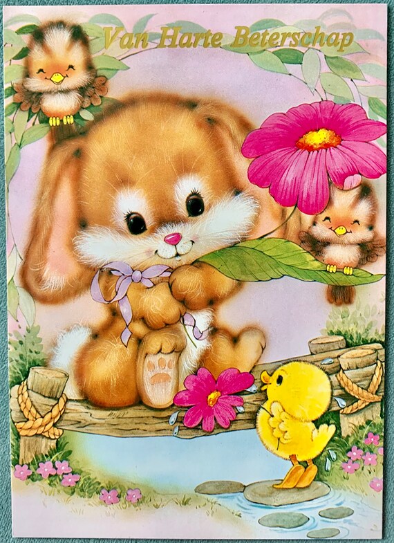古早贺卡上的可爱小动物插画橘兔