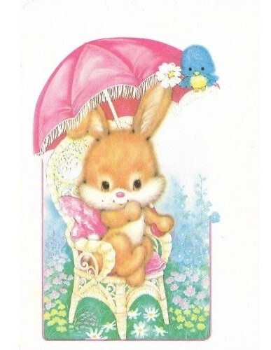 古早贺卡上的可爱小动物插画橘兔