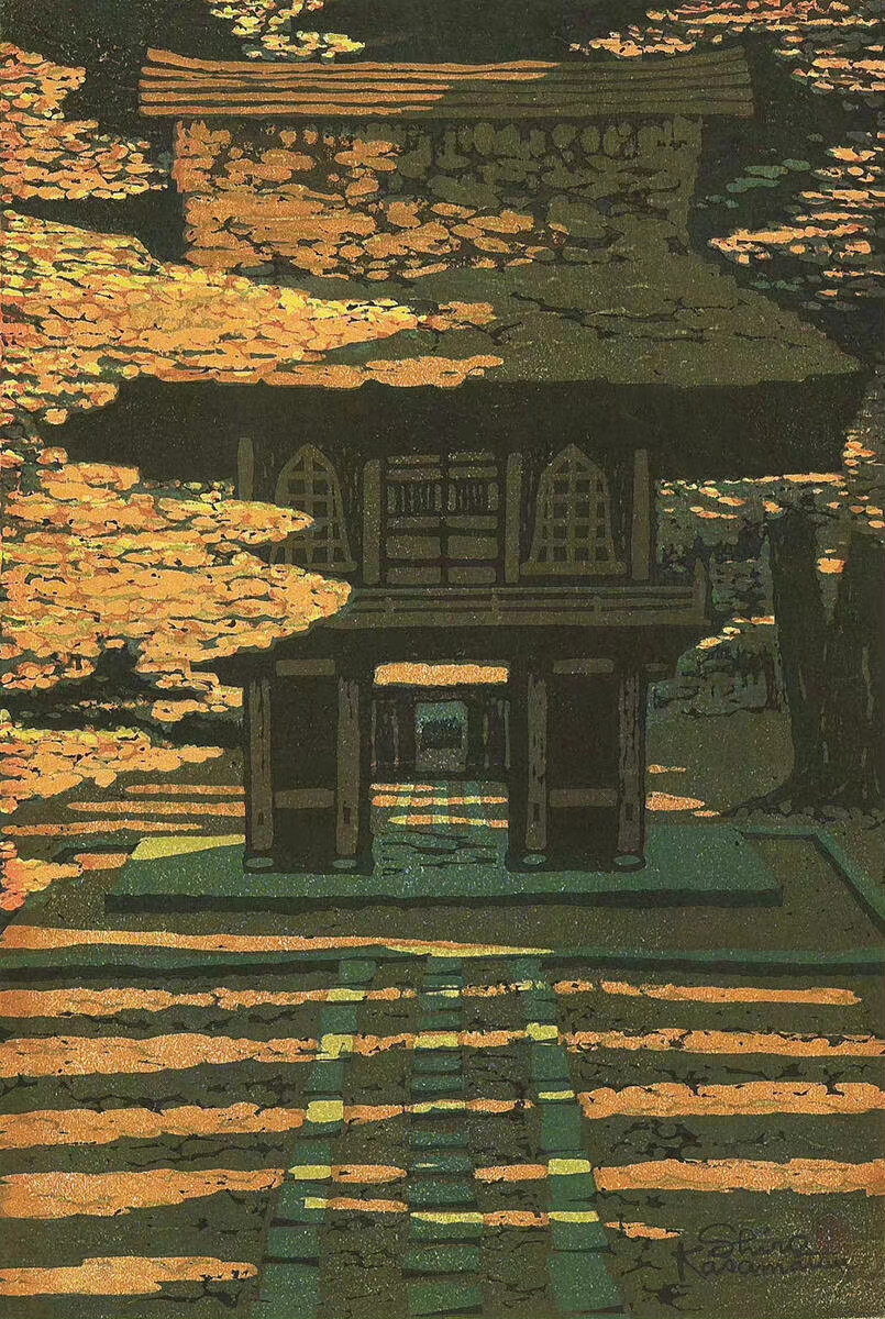  Shiro Kasamatsu (史郎笠松) B.1898-1991
“风景、插花、树林，史郎笠松喜爱描绘傍晚时分悬挂在天空的朦胧月亮与各种有趣的祭典活动场景。他一直都热爱着版画创作，晚年又学习了版画的具体刻法与印法，自己包揽了所有创作环节来进行版画制作。”