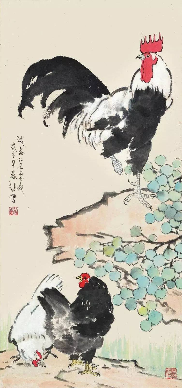 徐悲鸿（1895-1953年），笔下的马无人不知，而他画的鸡也同样令人拍案叫绝！“风雨如晦，鸡鸣不已。”这句话也经常出现在徐悲鸿画鸡的作品中。这是徐悲鸿人格和艺术取向的寄寓。
