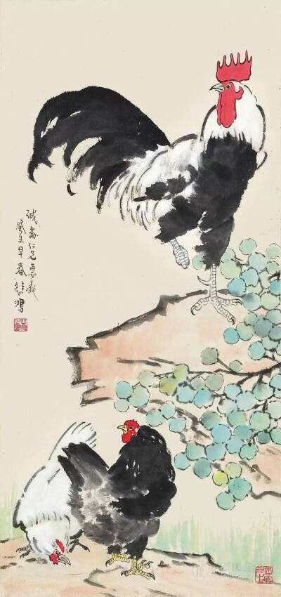 徐悲鸿（1895-1953年），笔下的马无人不知，而他画的鸡也同样令人拍案叫绝！“风雨如晦，鸡鸣不已。”这句话也经常出现在徐悲鸿画鸡的作品中。这是徐悲鸿人格和艺术取向的寄寓。
