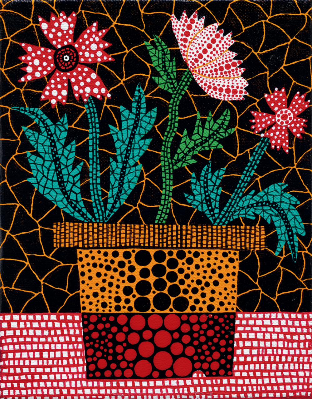 草间弥生《花》，亚克力画布，18×14cm，1996年，估价：250万-350万港元