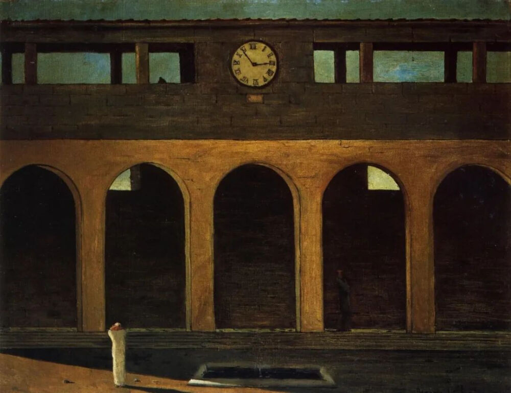 乔治·德·基里科《时间之谜》（The Enigma of Hour），布面油画，54.6×71cm，1911年