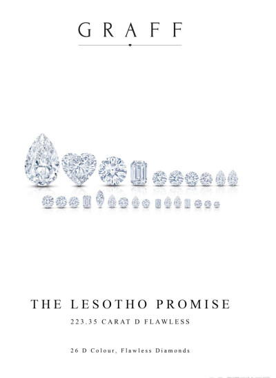 格拉芙Lesotho Promise莱索托诺言项链
2006年，一颗603克拉的原石Lesotho Promise莱索托诺言被发现，成为当时世界上第15大钻石。原石结构复杂，中心有裂缝、杂质以及一大块未结成晶体的碳，却拥有最顶级的D色。
获…