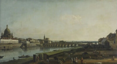 贝尔纳多·贝洛托（Bernardo Bellotto）《从易北河右岸奥古斯都桥上看德累斯顿》（Dresden From the Right Bank of the Elbe Above the Augustus Bridge），布面油画，132×236cm，1747年