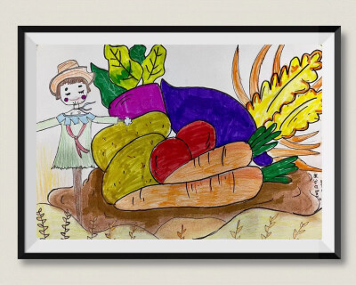 大师班《丰收》学习总结
本节课同学们体验了丰收季节的气息，巩固运用了水彩笔以及色粉结合的技法，将各种农作物表现的形象生动化。
同学们的画面中各不相同，有的是稻草人在看着防止鸟儿啄食、有的是…