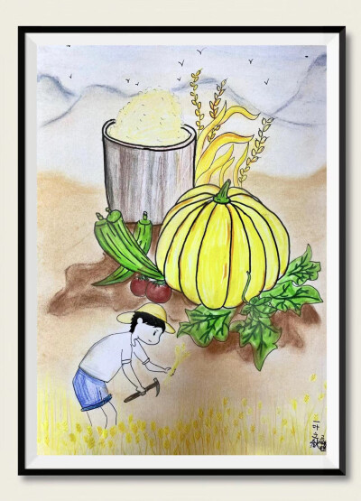 大师班《丰收》学习总结
本节课同学们体验了丰收季节的气息，巩固运用了水彩笔以及色粉结合的技法，将各种农作物表现的形象生动化。
同学们的画面中各不相同，有的是稻草人在看着防止鸟儿啄食、有的是…