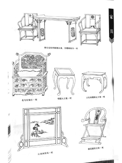 明代由于工艺水平的提高,优质木材的选用和审美观念的成熟,中国传统家具制作进入了辉 煌时期。明式家具的重要特点是采用木架构造的形式,形成别具一格的形体特征:造型简洁、质 朴,强调家具形体的线条形象,确立了以“线…