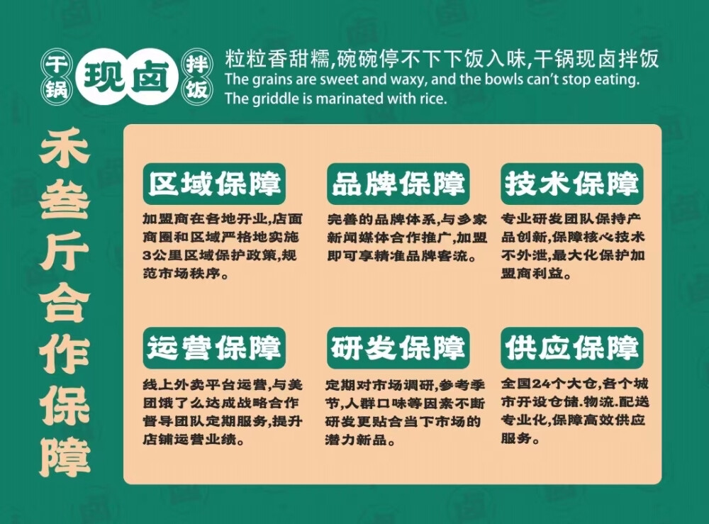 选择禾叁斤干锅现卤拌饭来加盟好不好?禾叁斤干锅现卤拌饭为人们带来的是大众化的消费，平民化的价位，针对老百姓一日三餐的刚需店内主打堂食+外卖的经营模式、店铺经营灵活，不论大店小店都可以做，具体看店铺和投资者的情况，可以做档口店主做外卖，也可以外卖堂食一起经营。
米饭和面食是大家一直少不了的，所以拌饭这样的美食是有它自己的市场的，以面食米饭为主打的快餐也是咱们餐饮界的主流，尤其是近几年市场对外卖的需求量逐年增高，禾叁斤干锅现卤拌饭成为适合做线上外卖的好项目，优势是其他项目所不具备的。
一顿简单的快餐是更愿意被接受的对于老板来讲做起来更简单，对干食客来讲吃起来更简单2、有特色，口味很独特，好吃，禾叁斤干锅现卤拌饭相比传统的砂锅米饭、盖浇饭等等更有特色，市面现在做的很少，没有同类型的产品，竞争更有优势。
禾叁斤干锅现卤拌饭主打的牛油拌饭是采用优质五常大米加以公司核心的酱料包，每一粒米饭都包裹上咱们的酱料，再加上新鲜的蔬菜，吃起来香而不腻，口味也丰富多样。