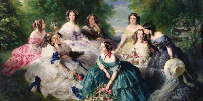 布面油画 L’Impératrice Eugénie entourée de ses dames d’honneur（被众女侍围绕的欧仁妮皇后），Franz Xaver Winterhalter，1855，现藏于 Château de Compiègne