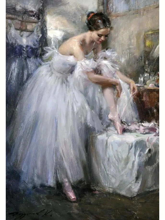 康斯坦丁·拉祖莫夫（Konstantin Razumov）芭蕾舞油画作品欣赏。康斯坦丁·拉祖莫夫1974年出生于莫斯科，他擅长于描绘女性，尤其画乌克兰美女，偶尔也画一些异域风情，人物以逼真的细节绘制，所作人物画大多五官精致有神、美丽迷人。目前，拉祖莫夫在莫斯科生活和工作。