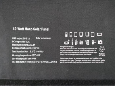 40 Watt Mono Solar Panel
USB output:5V-2.1A Solar technology
DC output:18V-2.2A
Maximum current(A): 2.2A
Cell specification(mm):156*156 Having Trouble Charging? We’ve done all we canbut some devices…