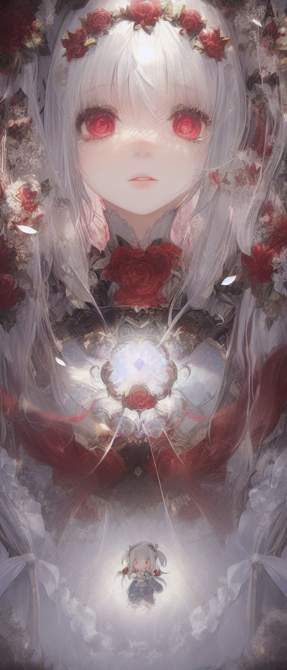 ai
Best quality, amazing, extremely detailed cg, amazing fine detail，white hair, red eye，light，little girl，magic girl，white dress，flower ，Two little pigtails,
