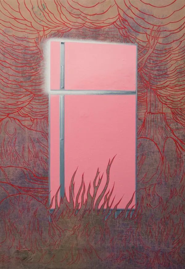 Jim Shaw《Refrigerator in Hell #1》，平纹细布、丙烯，162.6×111.8cm，2015年