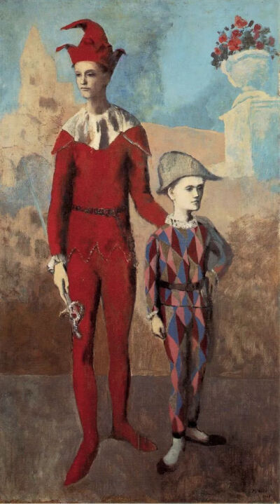 巴勃罗·毕加索（Pablo Picasso）《杂技演员和年轻小丑》（Acrobat and Young Harlequin），布面油画，191.1×108.6cm，1905年