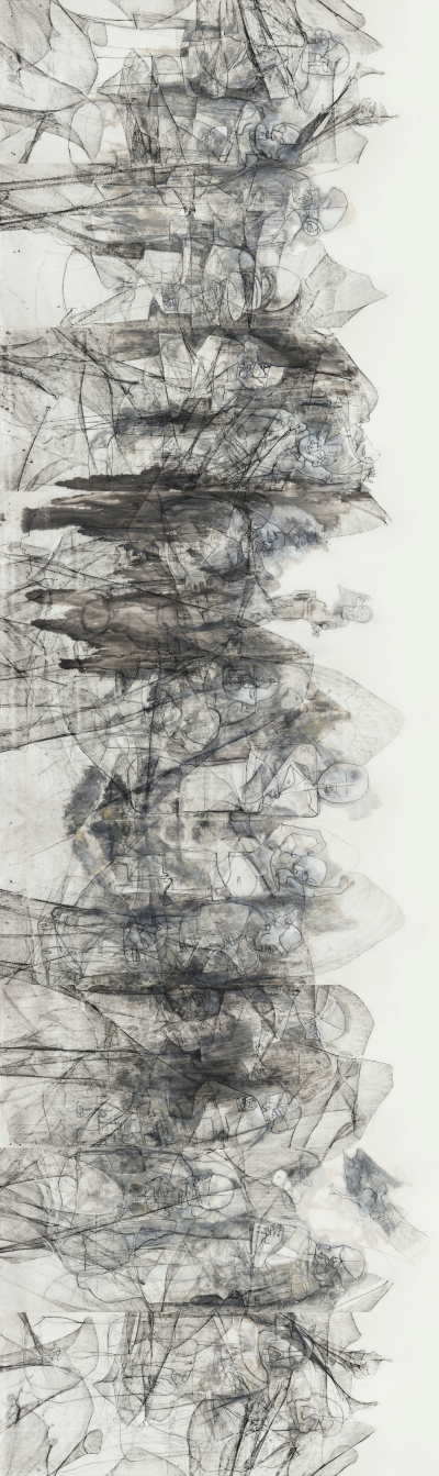 石虎《十八罗汉图》，纸本水墨，400×1332cm，2018年