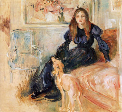 朱莉·马奈和她的灰狗（Julie Manet and her Greyhound Laerte）
贝尔特·莫里索1893
名称：朱莉·马奈和她的灰狗
英文名称：Julie Manet and her Greyhound Laerte
创作者：贝尔特·莫里索
创作日期：1893
实际尺寸：73…