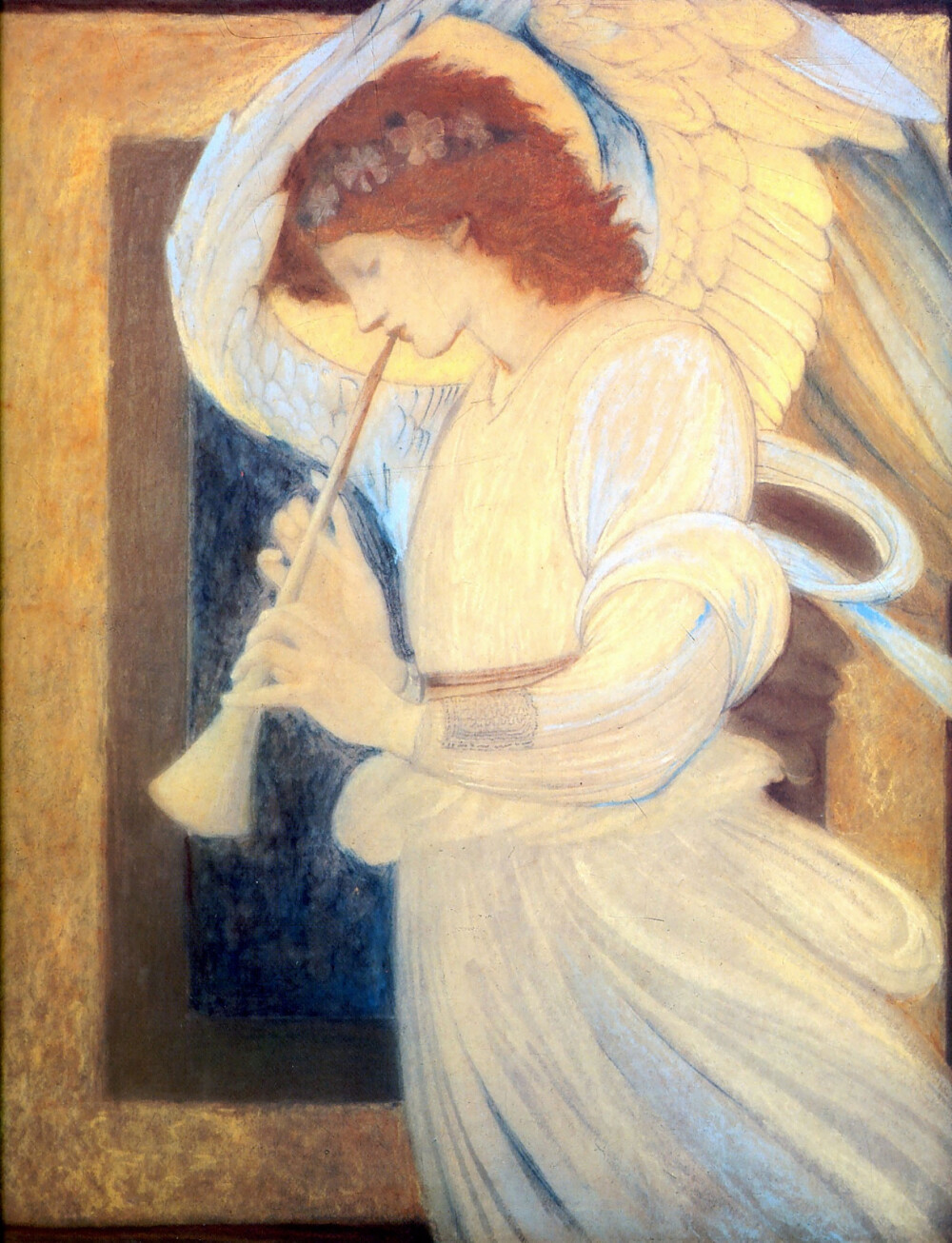 吹竖笛的天使（An Angel Playing a Flageolet）
伯恩·琼斯1878
名称：吹竖笛的天使
英文名称：An Angel Playing a Flageolet
创作者：伯恩·琼斯
创作日期：1878
实际尺寸：74.9 x 61.2 cm
类别：神话
材质：布面油画
位于：英国-利物浦沃克美术画廊