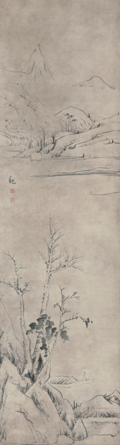 八大山人《寒林钓艇图》，197.5×53.7cm，清，现藏于北京故宫博物院