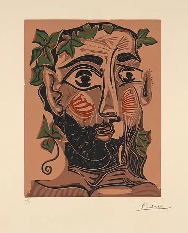 Bearded Man with a Crown of Vines，麻胶版画，1962年，大都会博物馆收藏