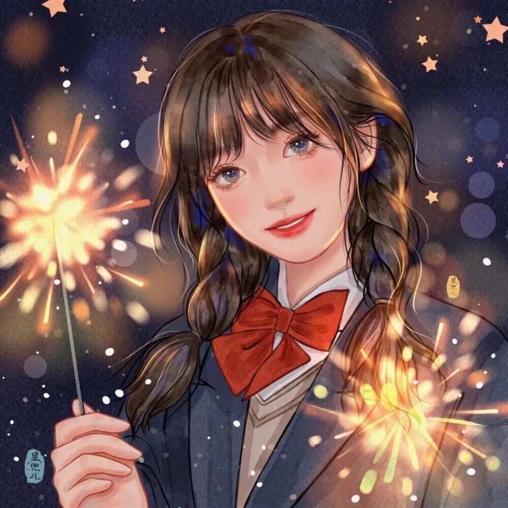 少女 仙女棒 烟花 新年 插画 闺蜜多人头像