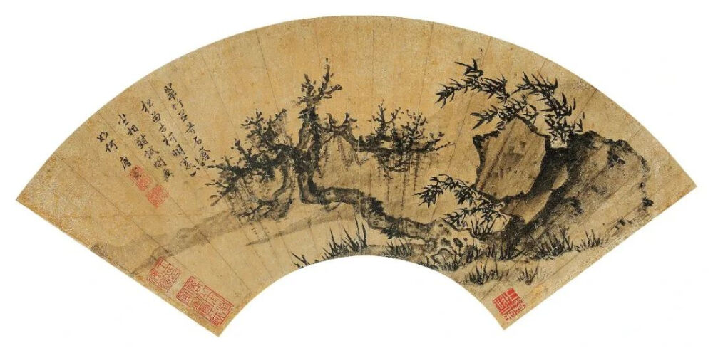 唐寅《枯木竹石图》，水墨洒金本、扇面，17×49cm，明代