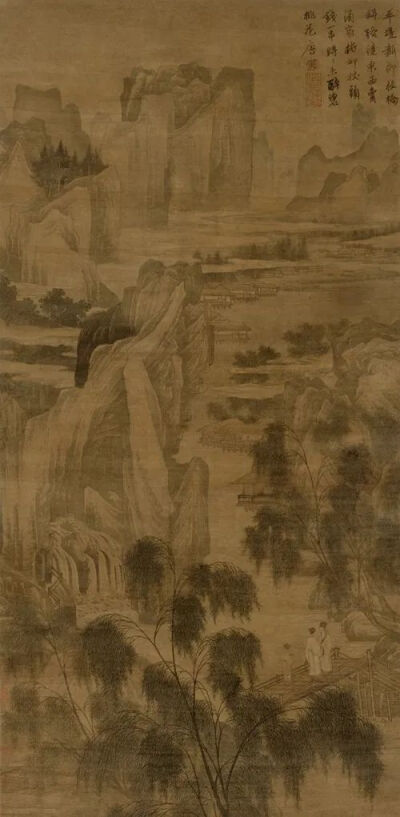 唐寅《柳桥赏春图》， 绢本设色，137×67cm，明代