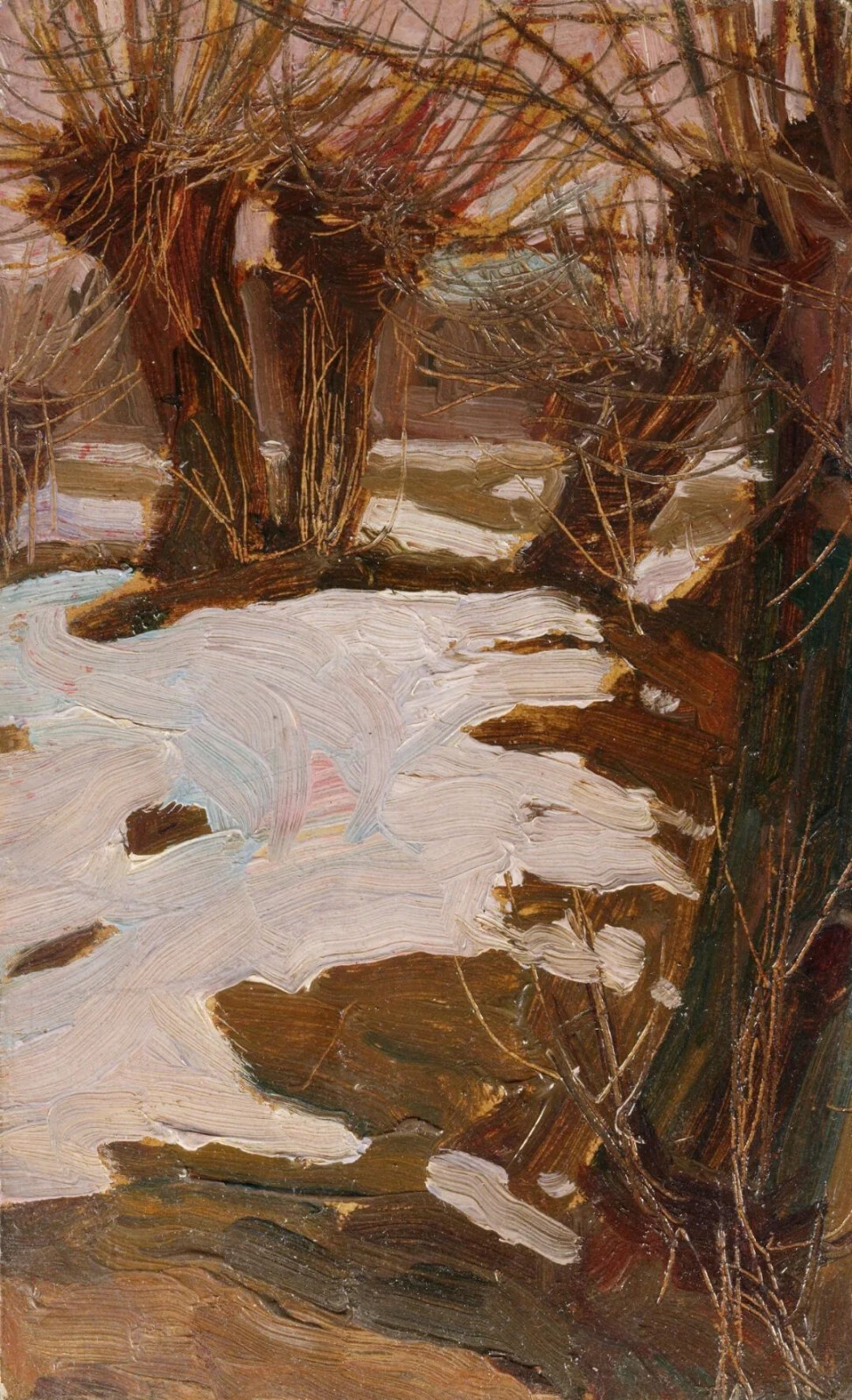 埃贡·席勒（Egon Schiele）《Winterlandscape with Willows》，布面油画，18.5×11.2cm，1907年