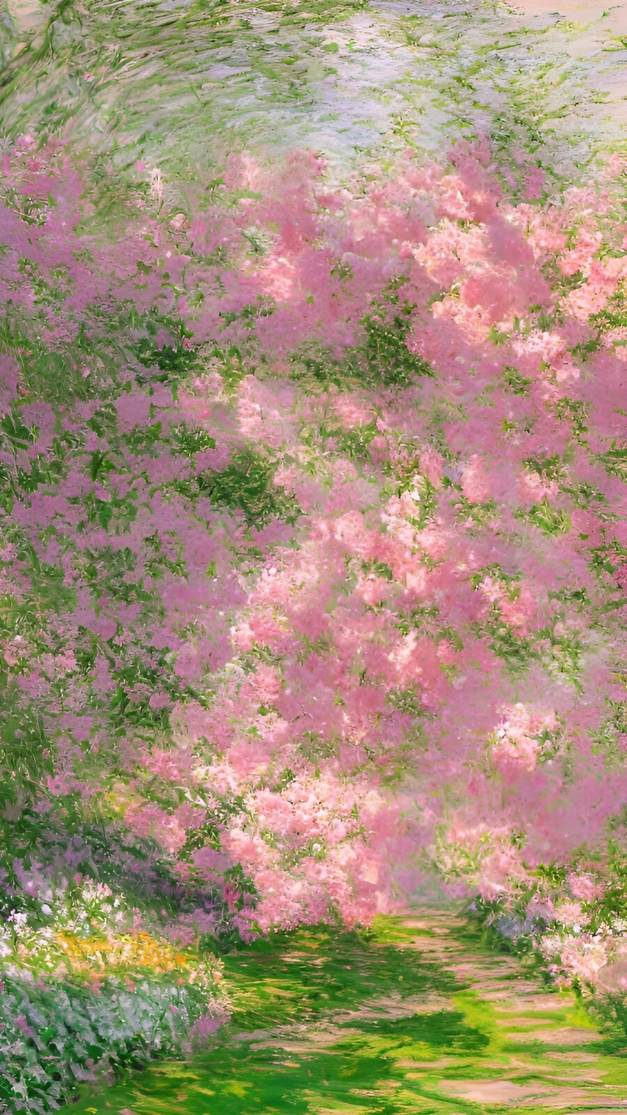 莫奈油画风壁纸，开满鲜花的小路
图源:油画里的德拉科
