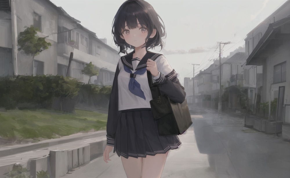 ((masterpiece,best quality)),1girl, from below, solo, school uniform, serafuku, sky, cloud, black hair, skirt, sailor collar, looking at viewer, short hair, building, bangs, neckerchief, long sleeves, cloudy sky, power lines, shirt, cityscape, pleated skirt, scenery, blunt bangs, city, night, black 