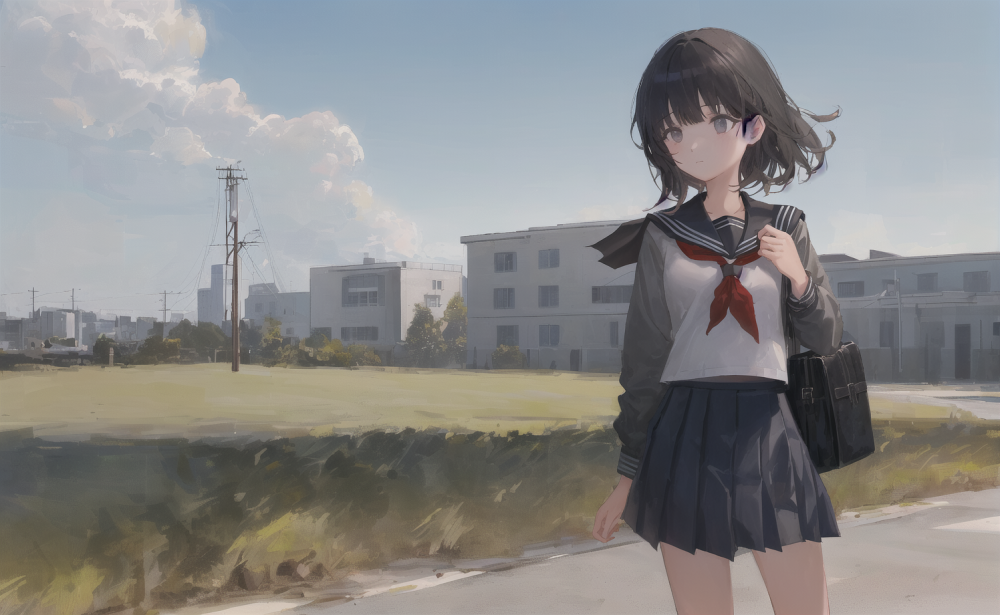 ((masterpiece,best quality)),1girl, from below, solo, school uniform, serafuku, sky, cloud, black hair, skirt, sailor collar, looking at viewer, short hair, building, bangs, neckerchief, long sleeves, cloudy sky, power lines, shirt, cityscape, pleated skirt, scenery, blunt bangs, city, night, black 