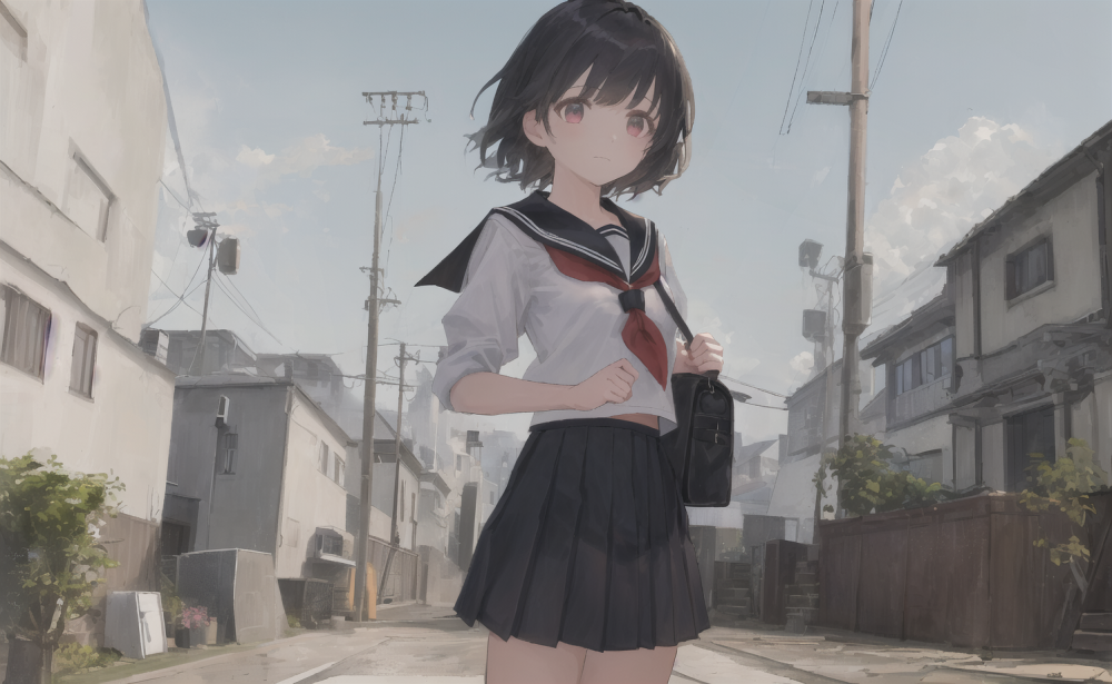 ((masterpiece,best quality)),1girl, from below, solo, school uniform, serafuku, sky, cloud, black hair, skirt, sailor collar, looking at viewer, short hair, building, bangs, neckerchief, long sleeves, cloudy sky, power lines, shirt, cityscape, pleated skirt, scenery, blunt bangs, city, night, black 