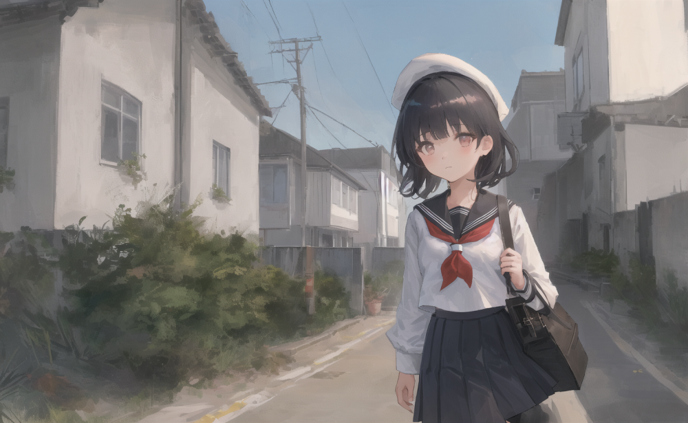 ((masterpiece,best quality)),1girl, from below, solo, school uniform, serafuku, sky, cloud, black hair, skirt, sailor collar, looking at viewer, short hair, building, bangs, neckerchief, long sleeves, cloudy sky, power lines, shirt, cityscape, pleated skirt, scenery, blunt bangs, city, night, black 