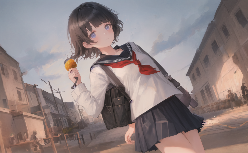 ((masterpiece,best quality)),1girl, from below, solo, school uniform, serafuku, sky, cloud, black hair, skirt, sailor collar, looking at viewer, short hair, building, bangs, neckerchief, long sleeves, cloudy sky, power lines, shirt, cityscape, pleated skirt, scenery, blunt bangs, city, night, black 